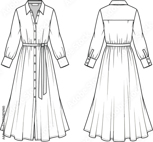 Long sleeve shirt dress with belt, front and back flat sketch, button-down detail, fashion cad technical drawing, vector illustration