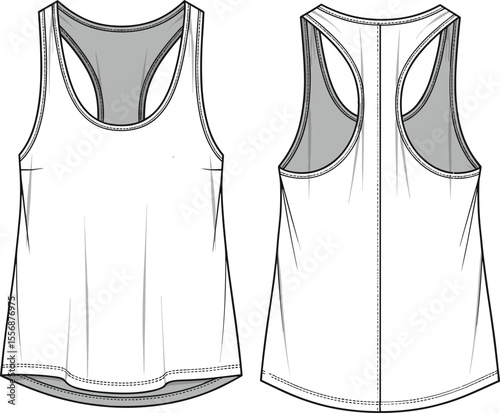 Racerback tank top front and back view, sportwear cad fashion sketch, technical flat vector illustration for activewear and casual design