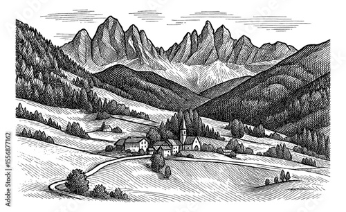 Engraved Landscape with Mountains, Valley, Village, Trees, and Cloudy Sky in Black and White