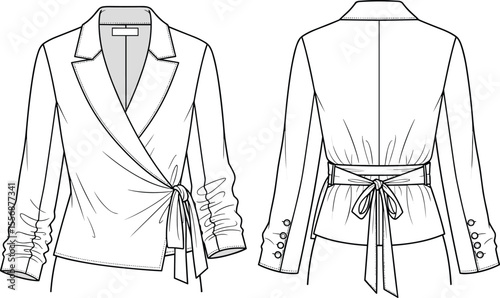 Women’s wrap blazer with tie waist and button sleeve detail, fashion flat sketch front and back view, vector technical illustration