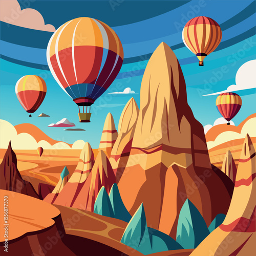 A dynamic vector scene of vibrant hot air balloons soaring over the iconic rock formations of Cappadocia, ideal for tourism, travel, or outdoor adventure concepts.