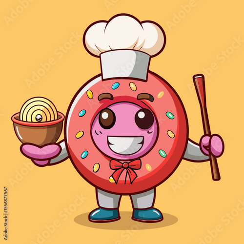 Doughnut as chinese chef mascot holding a noodle bowl isolated background