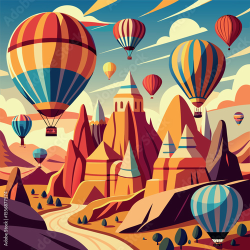 A dynamic vector scene of vibrant hot air balloons soaring over the iconic rock formations of Cappadocia, ideal for tourism, travel, or outdoor adventure concepts.
