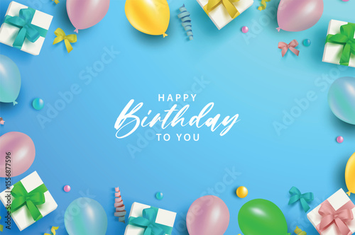 Birthday scene with balloons gifts ribbons on a light blue backdrop