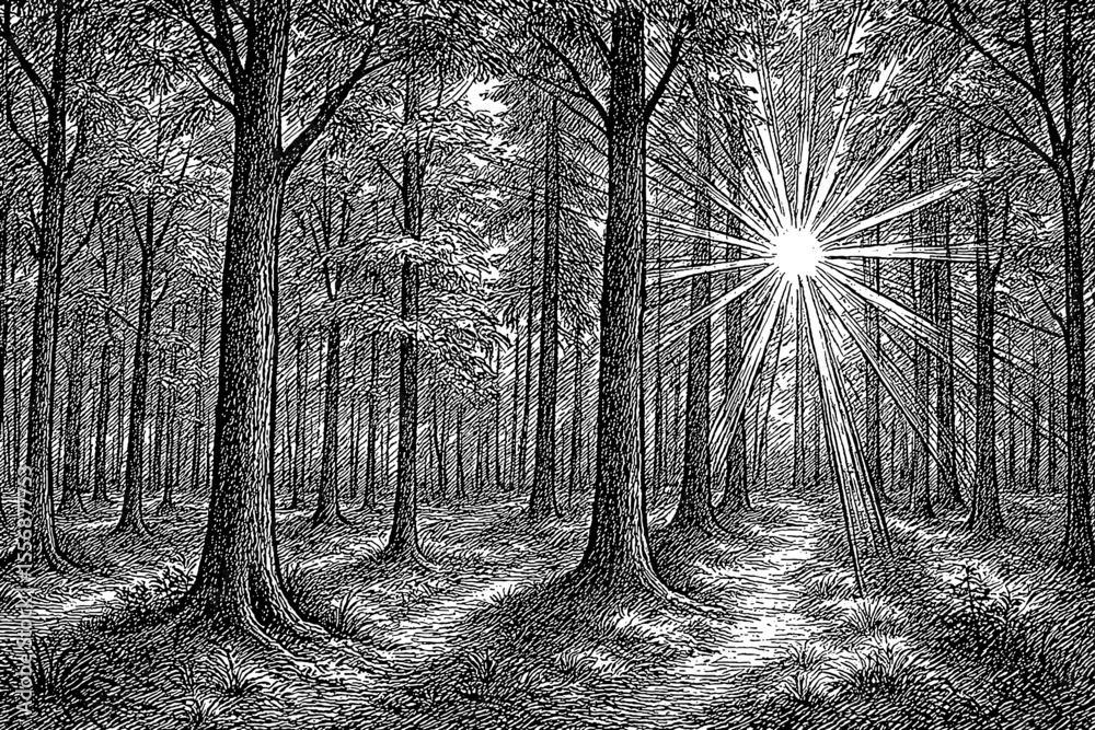Obraz premium Engraved Forest with Sunlight Streaming Through Trees Creating a Dramatic Scene