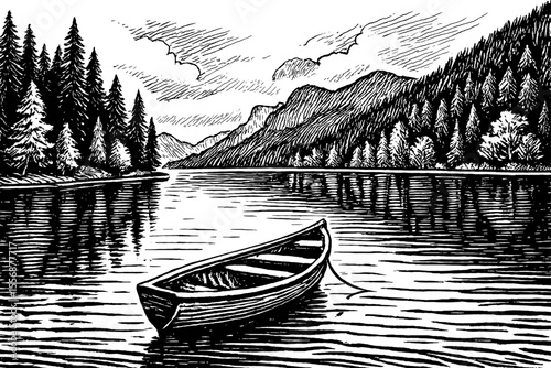 Serene Lake Landscape with Boat, Mountain, and Forest Reflection in Engraved Style