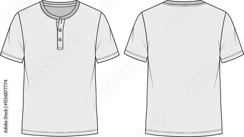 Photography Men’s henley t-shirt front and back view, short sleeve casual wear, button plack