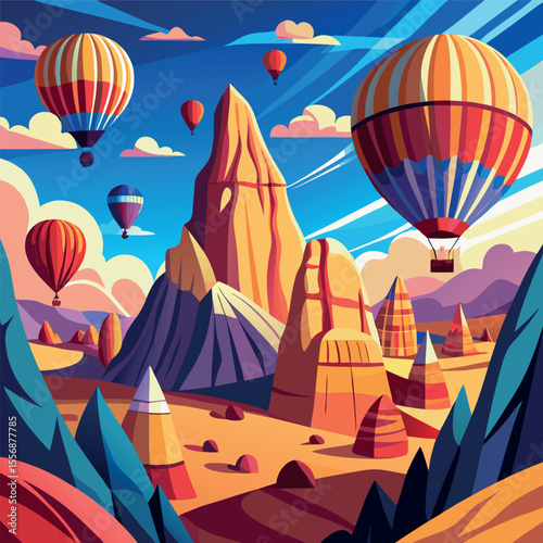 A dynamic vector scene of vibrant hot air balloons soaring over the iconic rock formations of Cappadocia, ideal for tourism, travel, or outdoor adventure concepts.