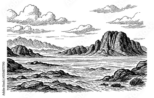Engraved Landscape with Mountains, Water, Clouds, and Rocks in Black and White Detailed View