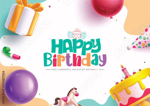 Colorful birthday card with Happy Birthday text cake balloons and party elements