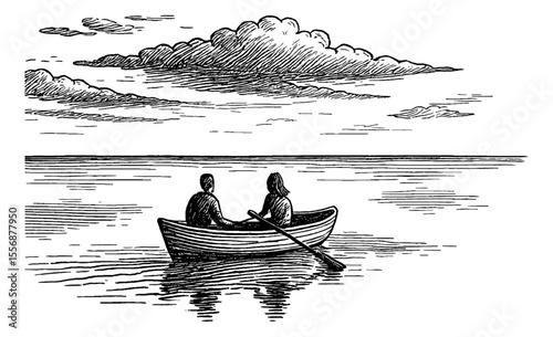 Couple in a Boat on the Water Under Cloudy Sky Black and White Engraving Style Illustration