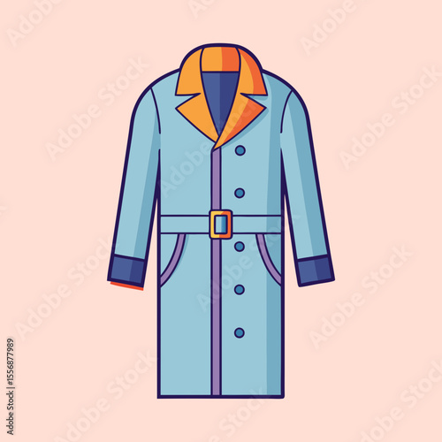 Stylized illustration of a blue trench coat with a belt and buttons