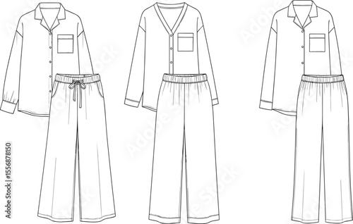 Women’s pajama set front and back technical fashion flat sketch with button-down top and wide-leg pants, cad vector template