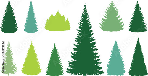 Various green silhouette evergreen trees on a gradient light background