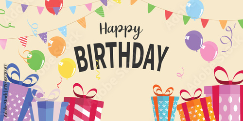 Happy Birthday text amidst balloons presents and festive banners creating a celebratory atmosphere