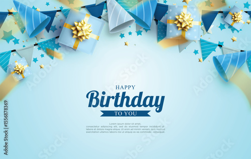 Happy birthday scene with gifts hats and star decorations on a light blue background
