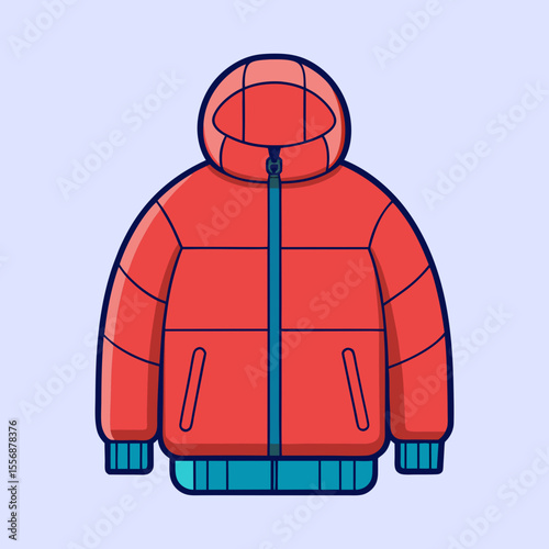 Stylized illustration of a warm winter hooded puffer jacket in coral and blue