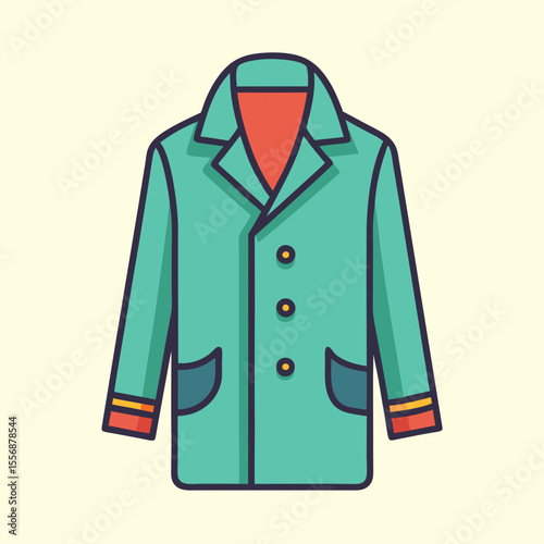 Cartoonish teal overcoat with three buttons and red lining illustration