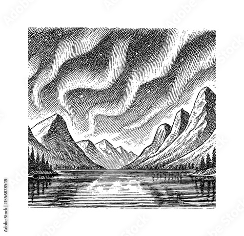 Engraved Illustration of Aurora Borealis Over Mountain Lake Landscape with Trees and Reflection