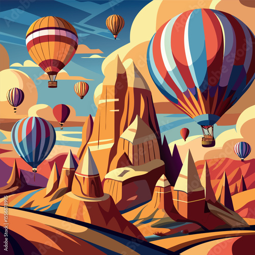 A dynamic vector scene of vibrant hot air balloons soaring over the iconic rock formations of Cappadocia, ideal for tourism, travel, or outdoor adventure concepts.