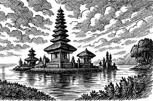 Black and White Engraving of a Balinese Temple Complex on an Island in Water