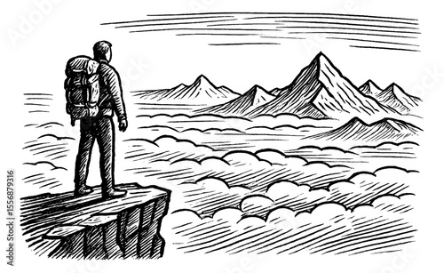 Man with Backpack Standing on Cliff Edge Overlooking Mountain Range in Engraving Style