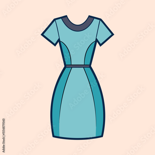 Illustration of a stylish light blue short sleeve dress with belt