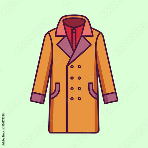 Stylized illustration of an orange winter overcoat with maroon accents and background