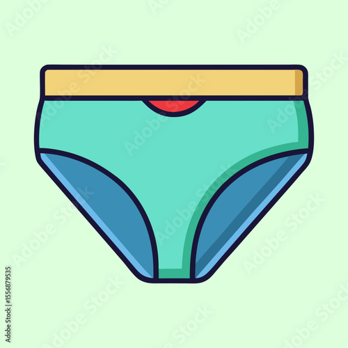 Illustration of teal briefs with yellow waistband on a light green background