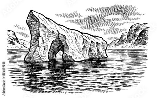 Engraved illustration of an iceberg with reflections on the water and cloudy sky