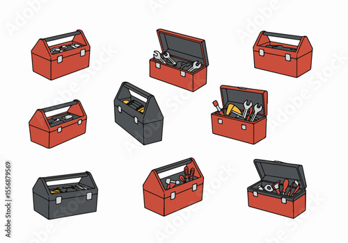 Seamless pattern illustration of multiple toolboxes, some open and closed, containing various hand tools on a white background, ideal for repair and maintenance themes.