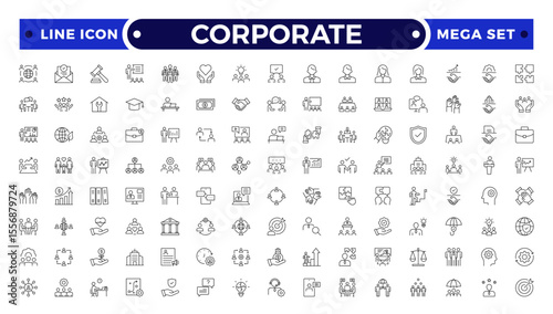 corporate Outline icon set. Business, office, finance, management, law, legal, document, team, analysis, company, chart, graph, employee, HR, contract, tax, planning, symbol, icon.