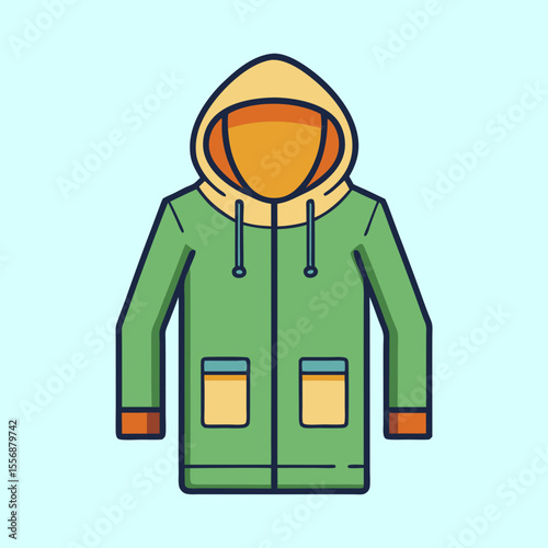 Cartoon illustration of a hooded green jacket on a light blue background