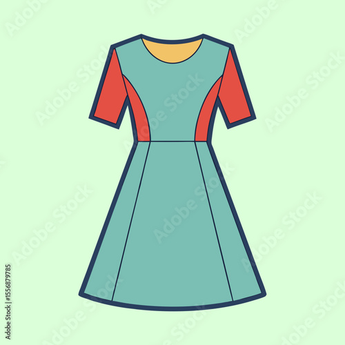 Stylish colorful dress with short sleeves and flared skirt design