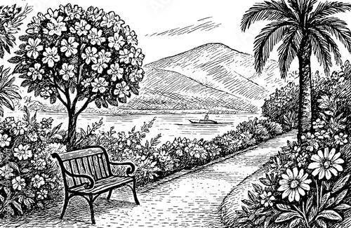 Scenic black and white illustration of a lakeside park with a bench and mountain backdrop