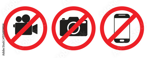 No photography video prohibited forbidden area sign, No photo no video recording set silhouette icon, camera icon, No recording or taking pictures sign, Prohibiting the use of cameras or phones