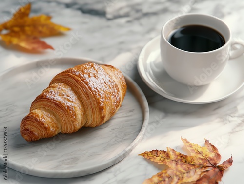 Overhead shot of croissant and coffee with fallen leaves on table, Parisian fall vibe