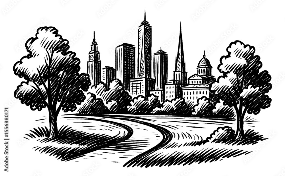 Fototapeta premium City Skyline with Trees in Foreground, Hand Drawn Black and White Vector Illustration