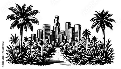 Los Angeles Cityscape with Palm Trees in Black and White Vintage Engraved Style Vector