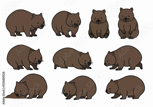 Cute cartoon wombat illustrations in different poses, including standing, sitting, walking, and burrowing, on a white background.
