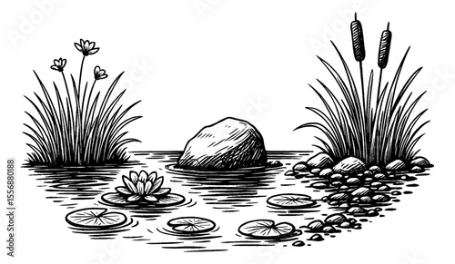 Detailed Line Art Illustration of Pond with Water Lilies, Cattails and Rock in Center of Water