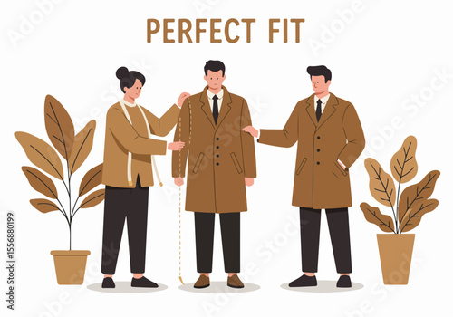 Illustration of a tailor measuring a man for a perfect fit coat, highlighting custom tailoring and personalized service.