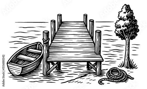 Simple Black and White Drawing of Wooden Pier with Boat, Tree, and Rope