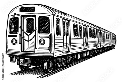 Illustration of Subway Train with Perspective View in Detailed Black and White Outline Drawing