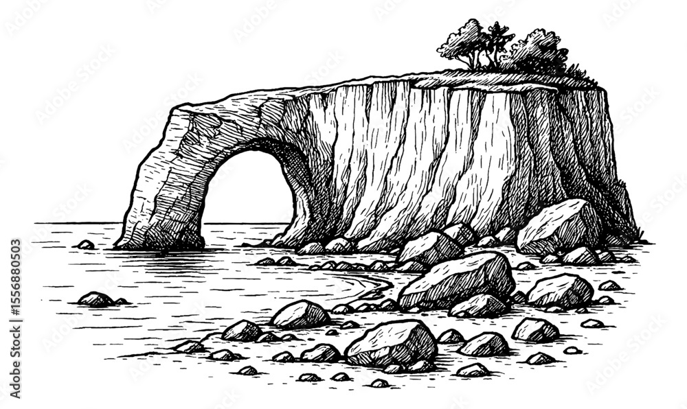 Fototapeta premium Hand Drawn Illustration of a Cliff with an Archway and Trees on Top Near the Ocean