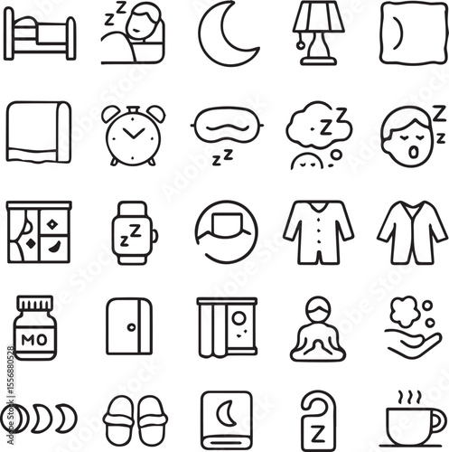 Sleep and Bedtime Routine Vector Icons Set — Pillow, Bed, Night Lamp, Alarm Clock, Sleep Mask, Moon Phases, Meditation, Coffee — Line Style Illustration