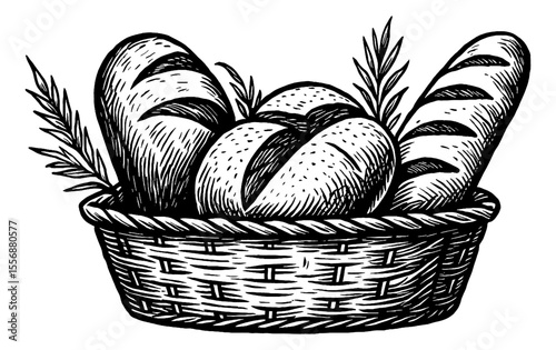 Engraved Basket Full of Bread Loaves and Wheat Stalks in Black and White