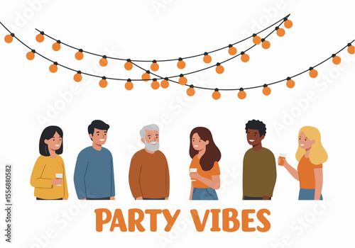 Illustration of happy diverse people at a party under festive string lights with drinks, celebrating together and enjoying the vibe.