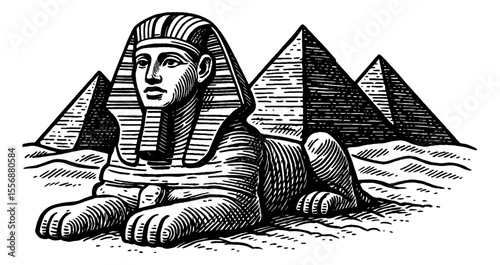 Detailed Engraved Illustration of the Great Sphinx of Giza and Pyramids
