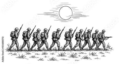 Line of Soldiers Marching in Formation with Rifles During Daytime in Engraved Style